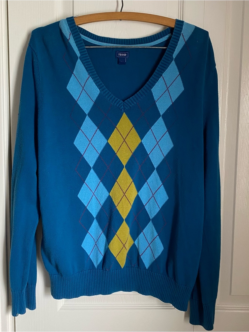 Izod Teal V-Neck Argyle Sweater Cotton Lightweight XL Preppy Academia Y2K Fall